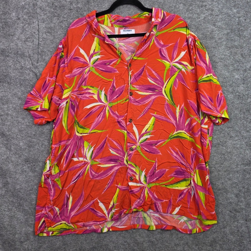 Old Navy Mens XXL Orange Pink Bird of Paradise Floral Hawaiian Rayon Shirt 2176